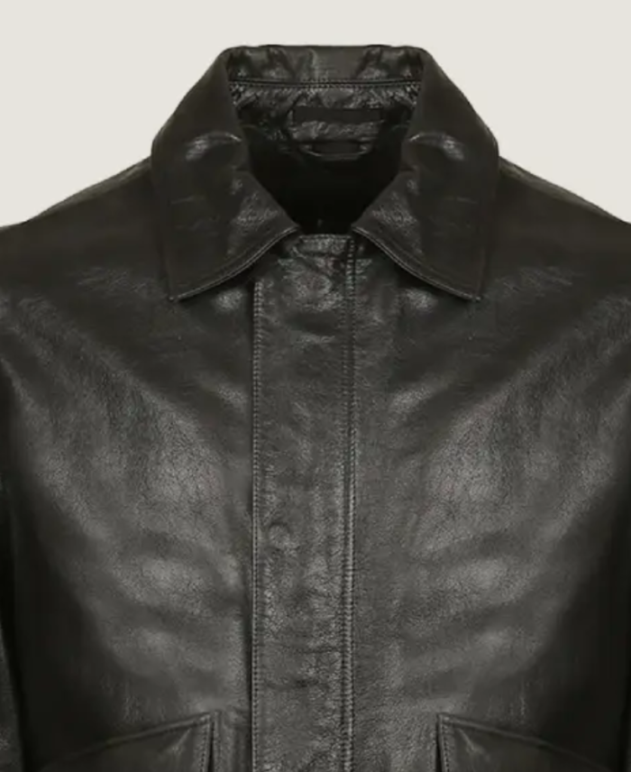 Men’s Classic Plain Black Leather Jacket Collar