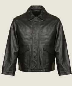 Men’s Classic Plain Black Leather Jacket Front