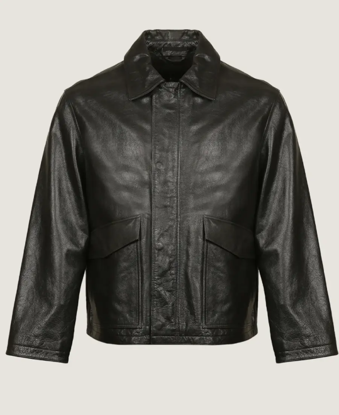 Men’s Classic Plain Black Leather Jacket Front