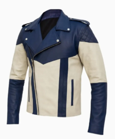 Men's Gothic Cosplay Blue_White Leather Biker Jacket