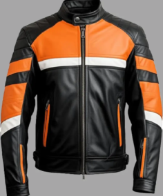 Men's Handmade Black & Orange Leather Biker Jacket