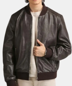 Men's Oversized Coffee Brown Leather Bomber Jacket