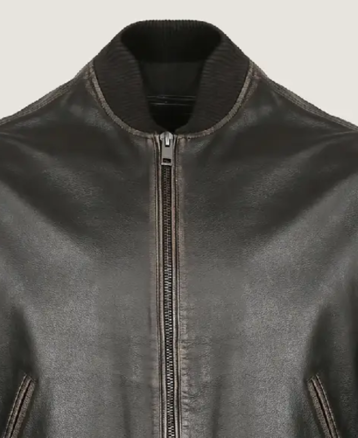 Men’s Oversized Rib Bomber Leather Jacket Collar