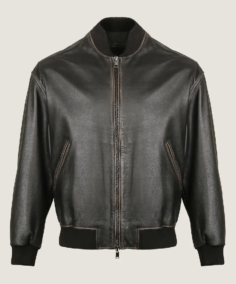 Men’s Oversized Rib Bomber Leather Jacket Front