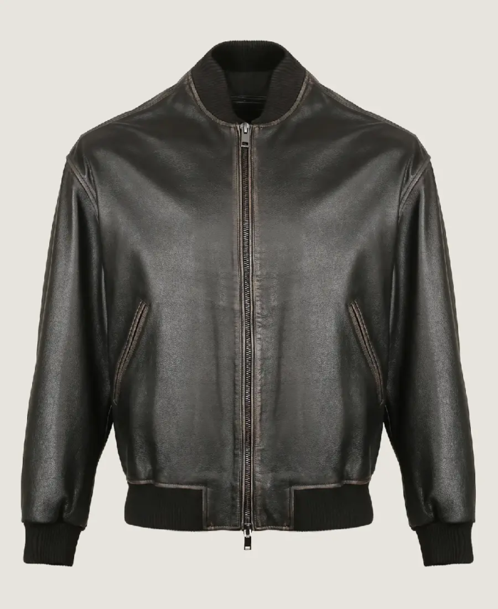 Men’s Oversized Rib Bomber Leather Jacket Front