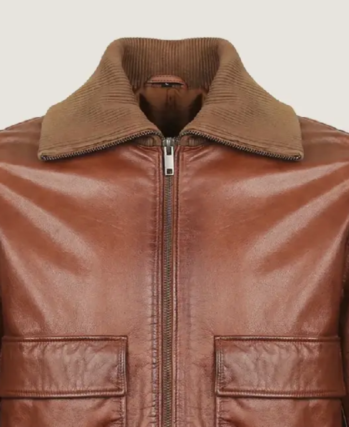 Men’s Pilot Brown Bomber Leather Jacket Collar