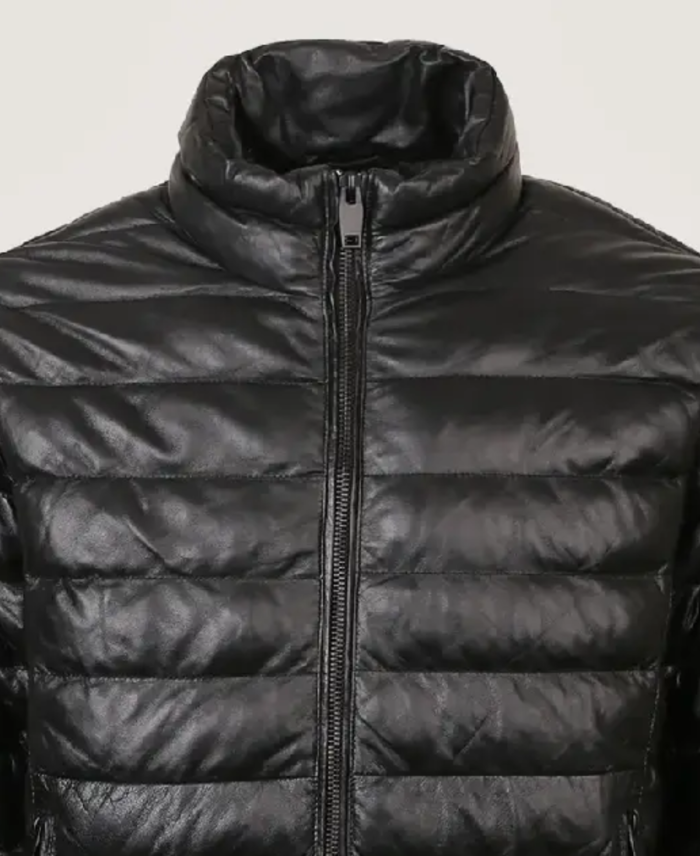 Men’s Simple Black Puffer Leather Jacket Collar