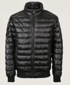 Men’s Simple Black Puffer Leather Jacket Front