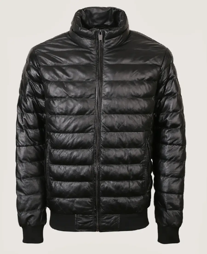 Men’s Simple Black Puffer Leather Jacket Front