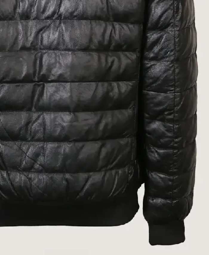 Men’s Simple Black Puffer Leather Jacket Sleeves