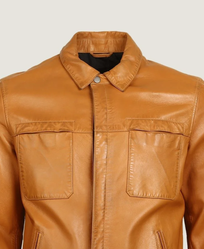 Men’s Simple Brown Vegan Leather Jacket Collar