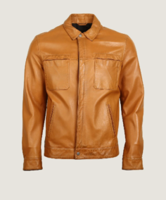 Men’s Simple Brown Vegan Leather Jacket Front