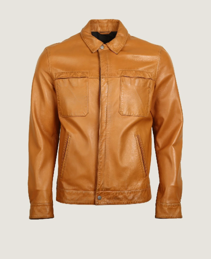 Men’s Simple Brown Vegan Leather Jacket Front