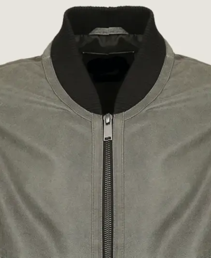 Men’s Simple Grey Bomber Leather Jacket Collar