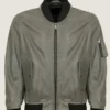 Men’s Simple Grey Bomber Leather Jacket Front