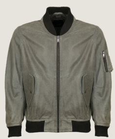 Men’s Simple Grey Bomber Leather Jacket Front