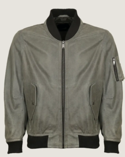 Men’s Simple Grey Bomber Leather Jacket Front