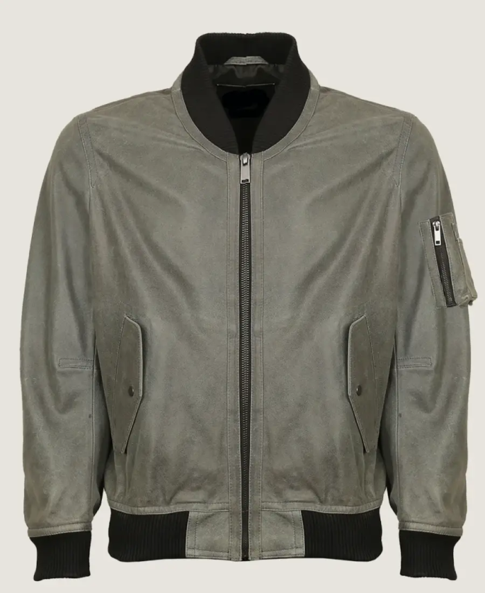 Men’s Simple Grey Bomber Leather Jacket Front