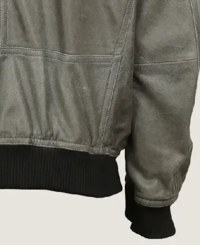 Men’s Simple Grey Bomber Leather Jacket Sleeves