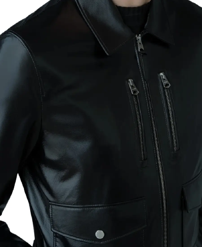 Men’s Versatile Black Leather Jacket Collar