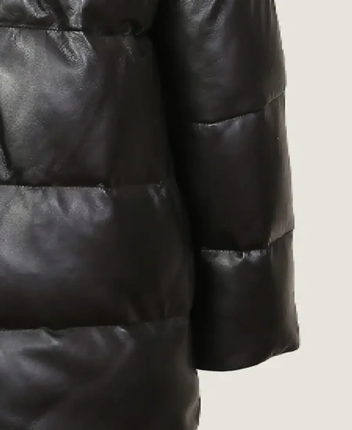 Women's Black Puffer Leather Jacket Closeup