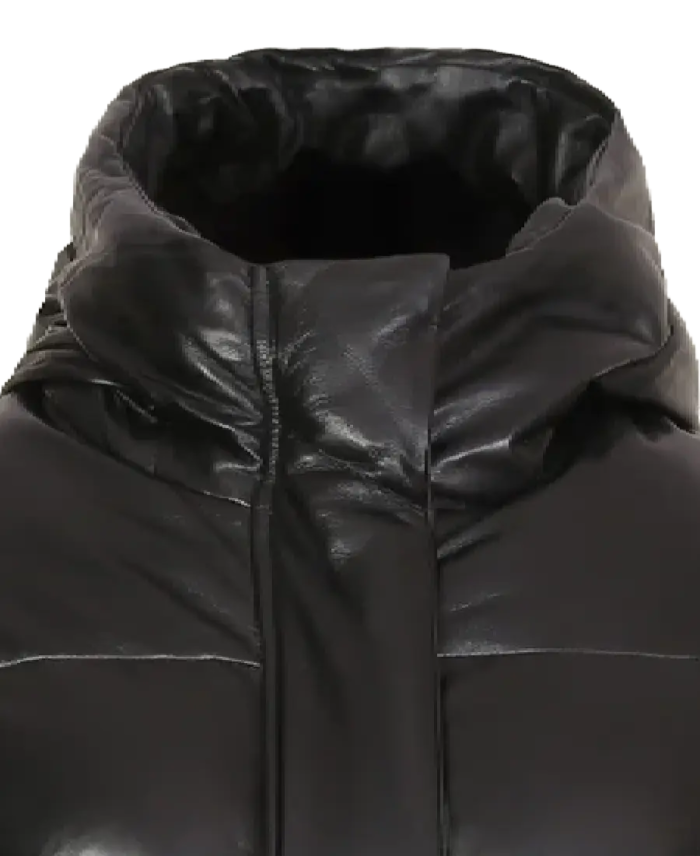 Women's Black Puffer Leather Jacket Collar