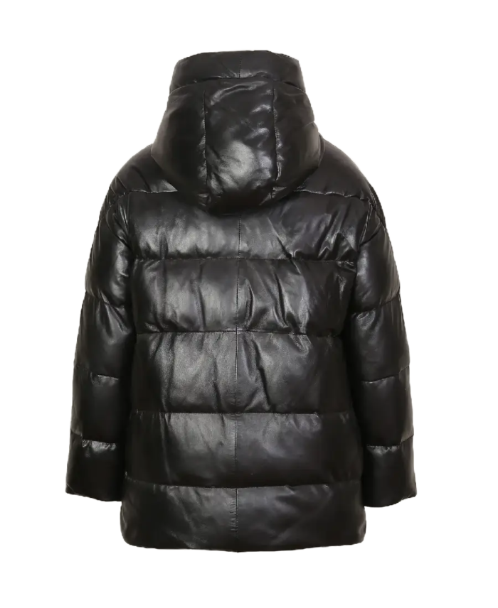 Women's Black Puffer Leather Jacket Back