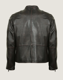 Shop The Men Classic Short Neck Collar Black Leather Jacket Back