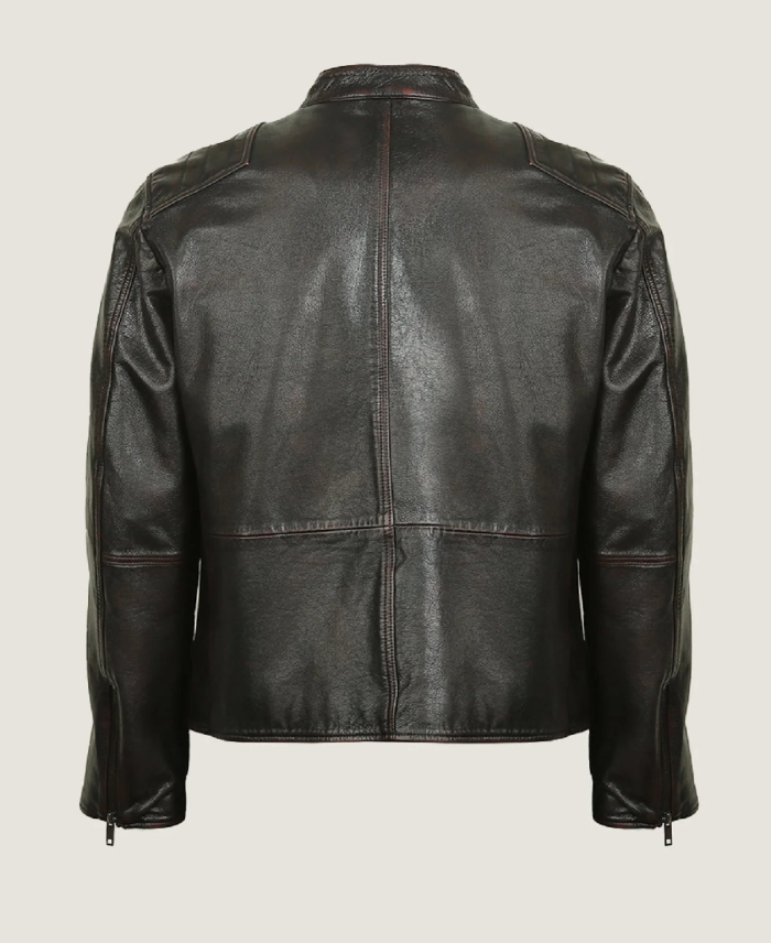 Shop The Men Classic Short Neck Collar Black Leather Jacket Back
