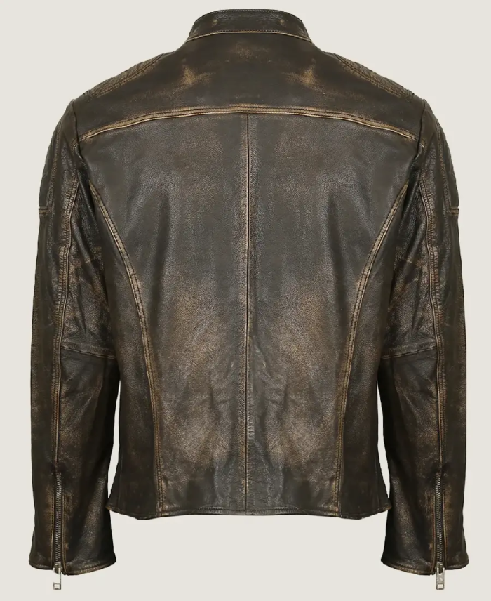 Shop The Men Ditressed Brown Cafe Racer Leather Jacket Back