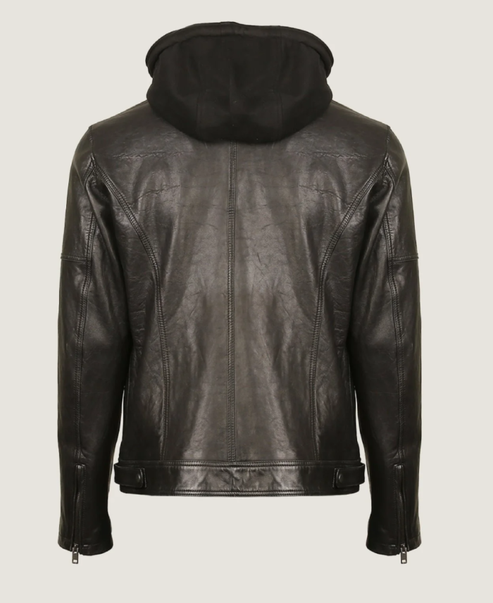 Shop The Men’s Black Classic Hooded Leather Jacket Back