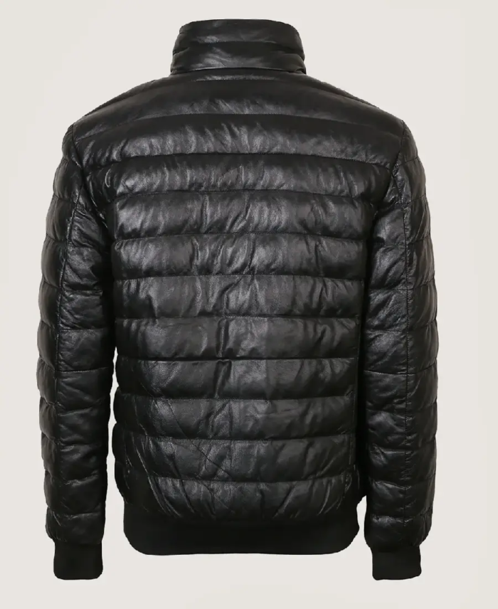 Shop The Men’s Simple Black Puffer Leather Jacket Back