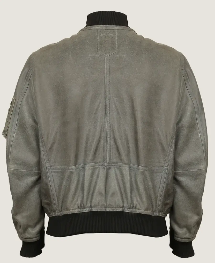 Shop The Men’s Simple Grey Bomber Leather Jacket Back