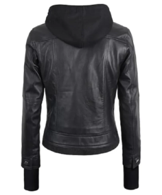 Shop The Women’s Removable Hood Black Leather Bomber Jacket Back