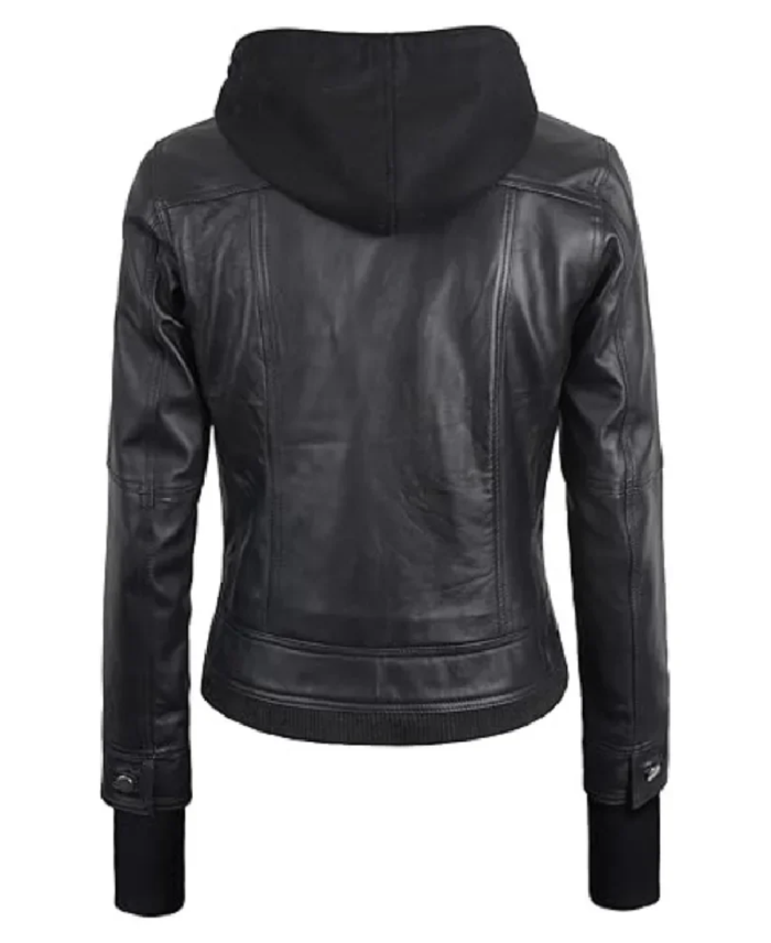 Shop The Women’s Removable Hood Black Leather Bomber Jacket Back