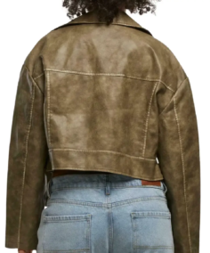 Shop The Women’s Share Olive Green Cropped Leather Biker Jacket