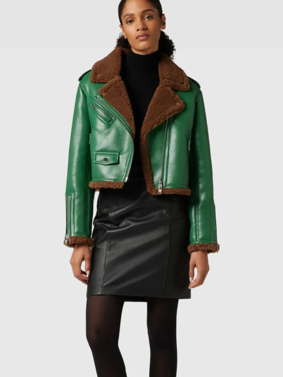 Shop Women Green Cropped Leather Jacket
