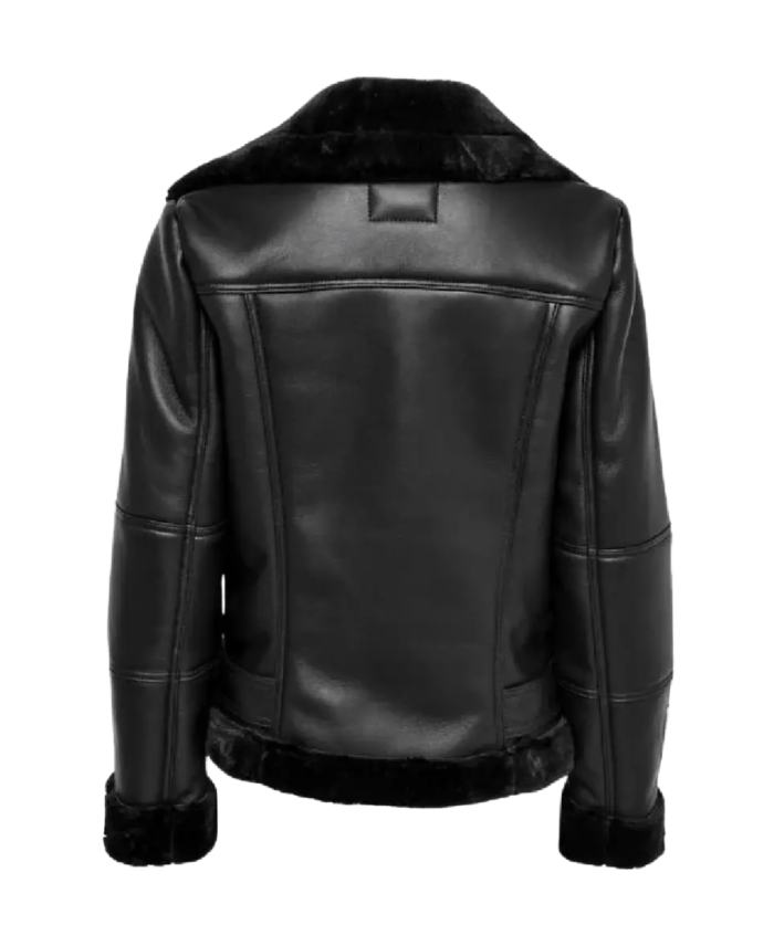 Winter Women Black Shearling Leather Jacket Back