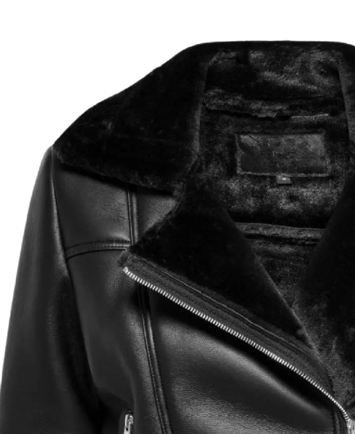 Winter Women Black Shearling Leather Jacket Closeup
