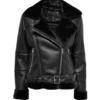 Winter Women Black Shearling Leather Jacket Front Side