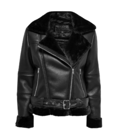 Winter Women Black Shearling Leather Jacket Front Side