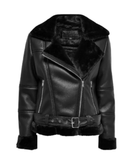 Winter Women Black Shearling Leather Jacket Front Side