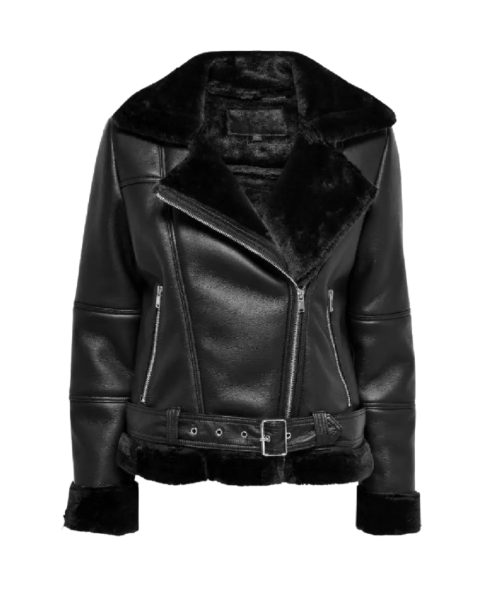 Winter Women Black Shearling Leather Jacket Front Side