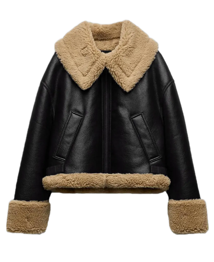 Women Black Leather Shearling Jacket