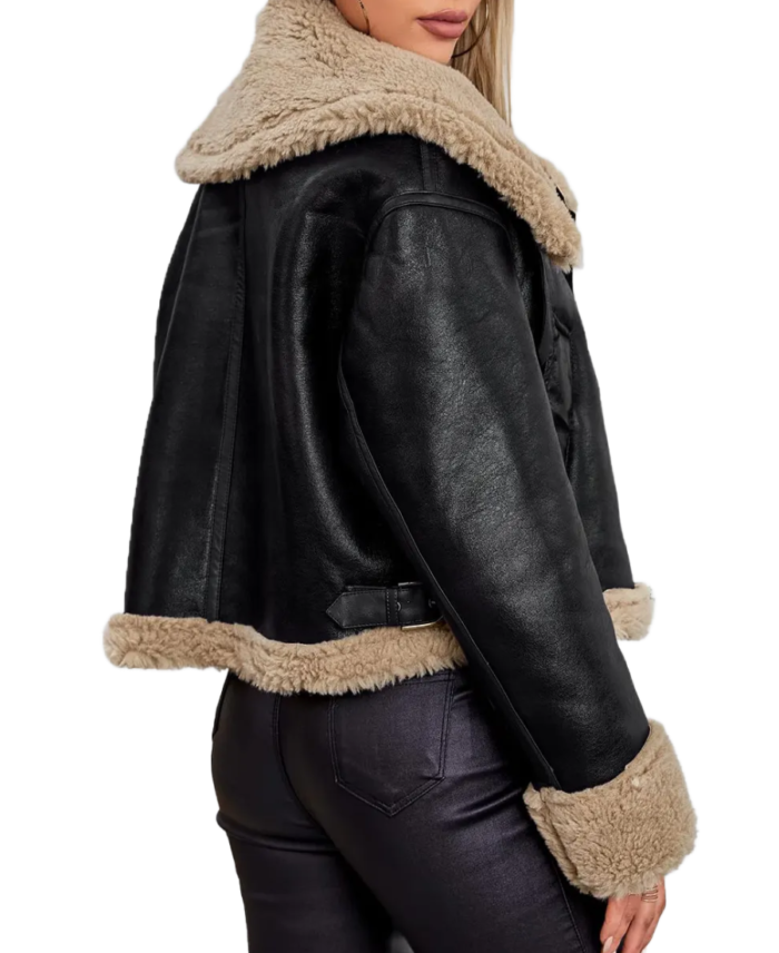Women Black Leather Shearling Jacket Back