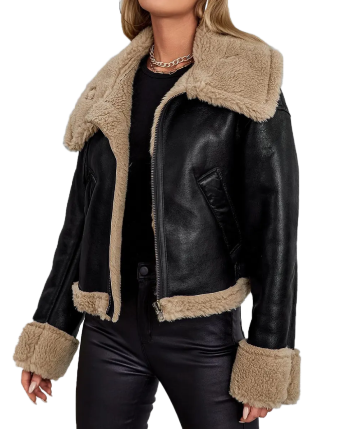 Women Black Leather Shearling Jacket Front