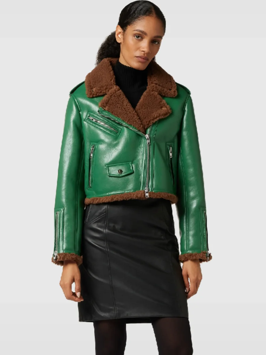 Women Green Cropped leather Jacket