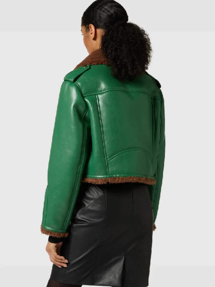 Women Green Cropped leather Jacket Back