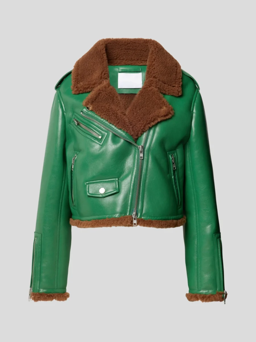 Women Green Cropped Leather Jacket Front