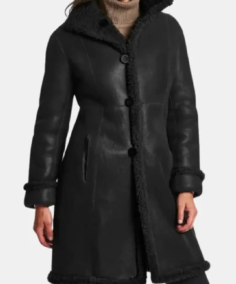 Women Victoria Black Leather Shearling Winter Coat
